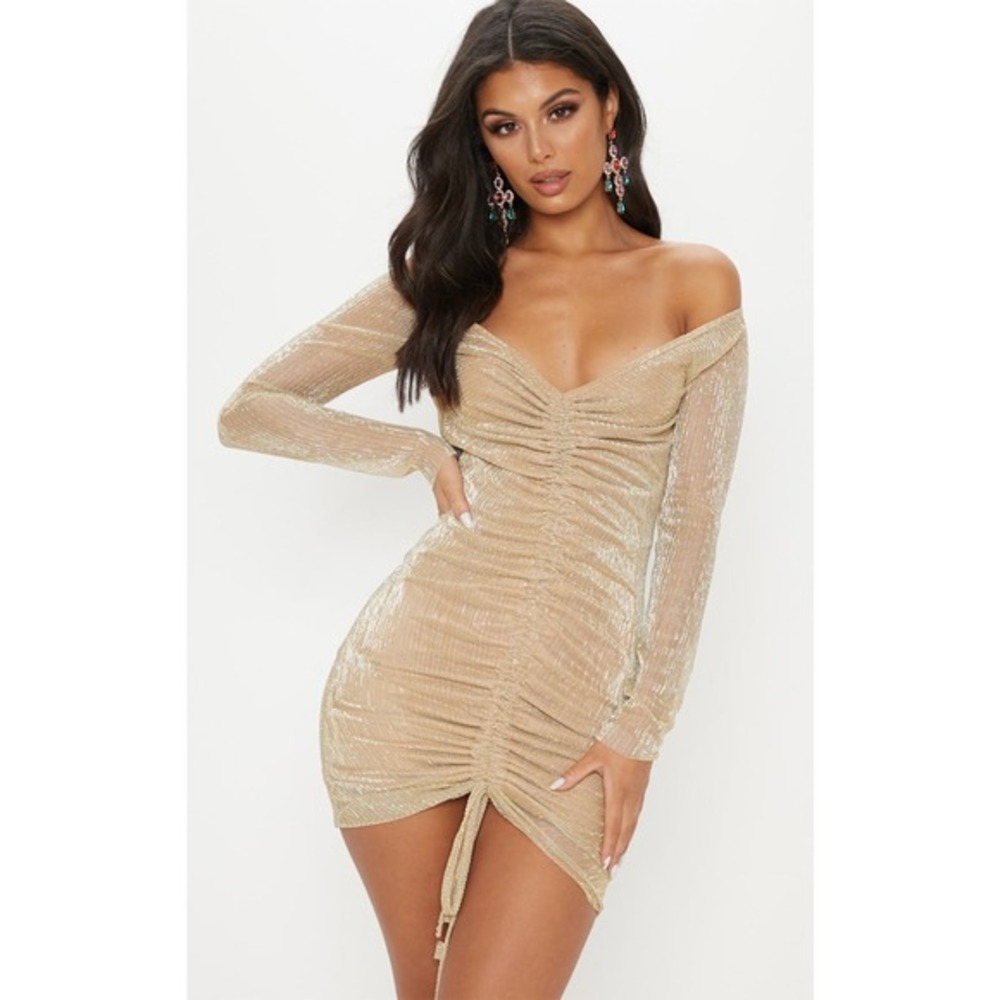 PrettyLittleThing Gold Ruched Off Shoulder Mini Dress